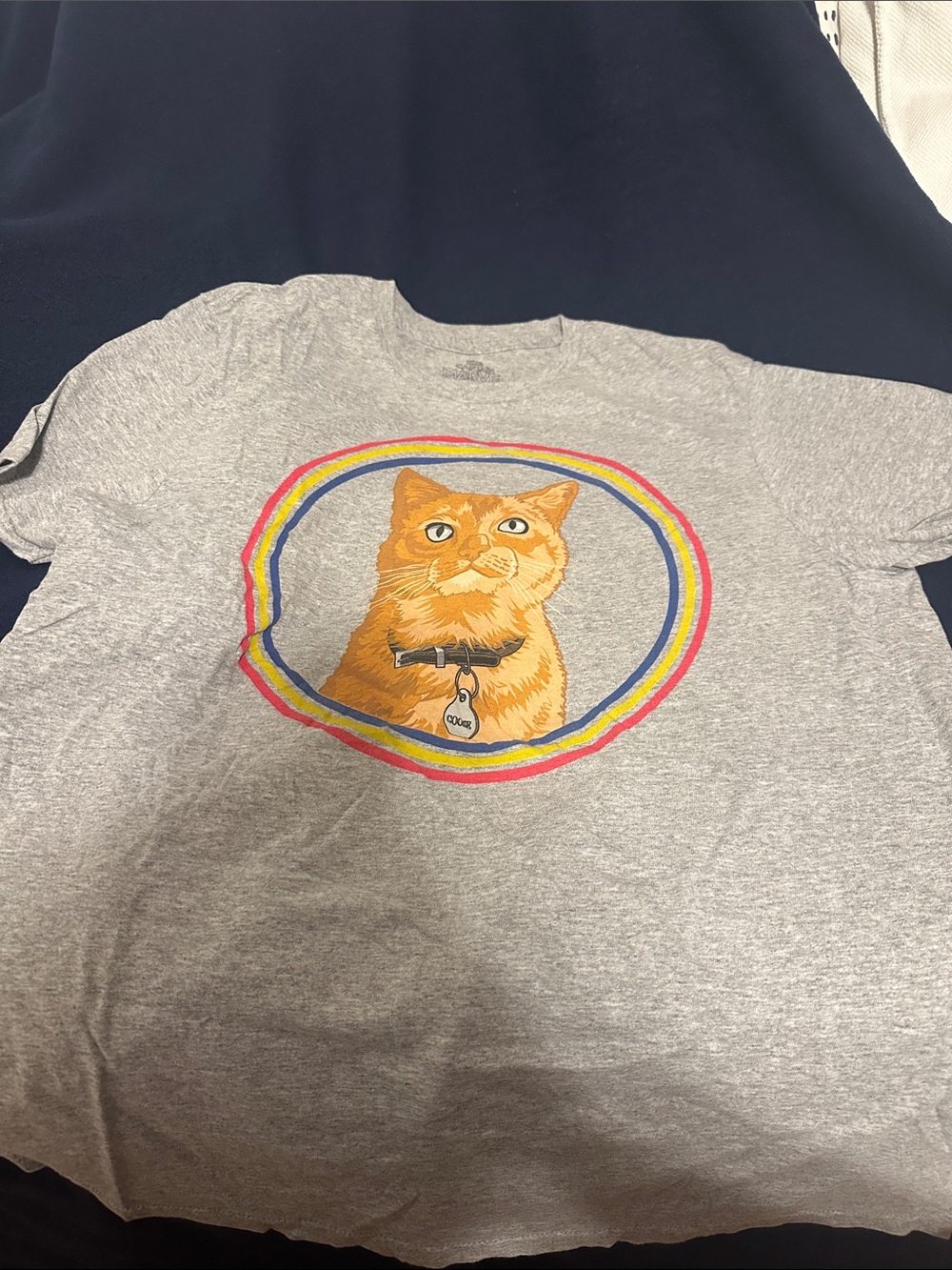 Marvel Gray Tee with Orange Cat Goose Graphic and Rainbow Rings